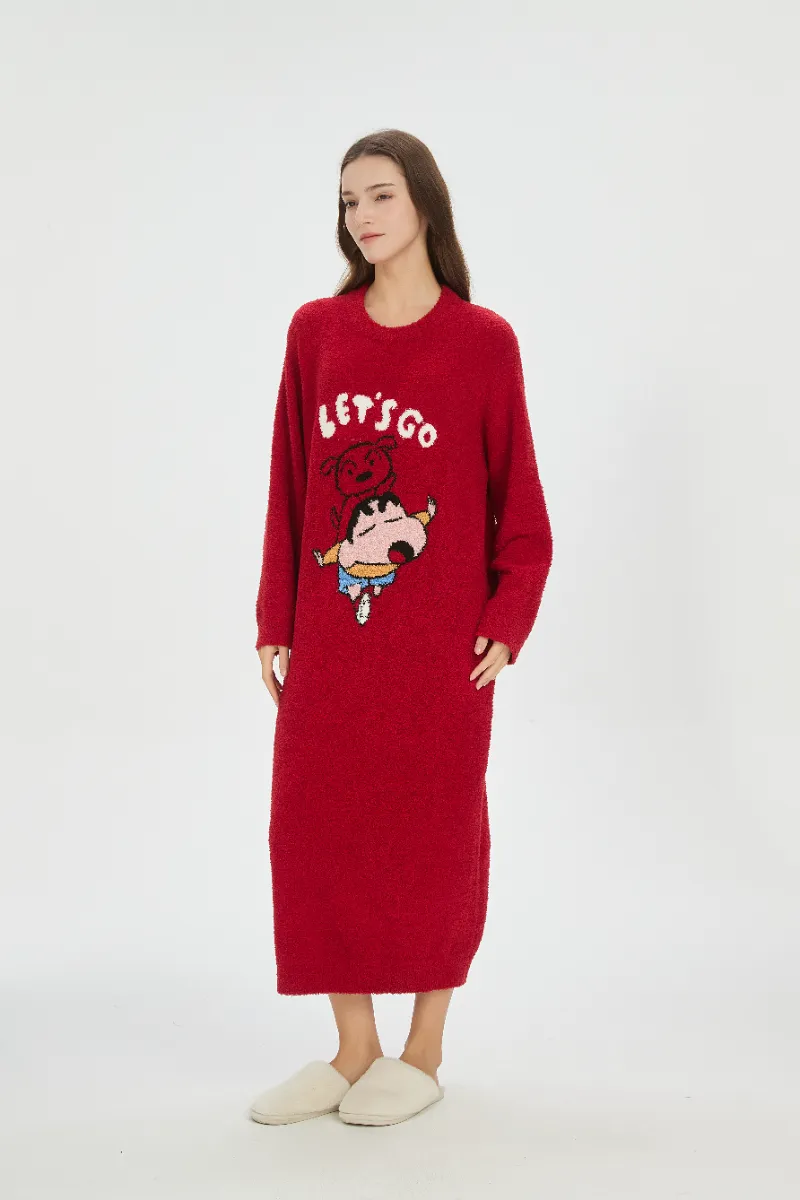 Rotes Nachthemd aus weichem Fleece für Damen